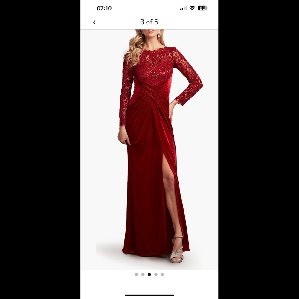 Tadashi Shoji Sequin Illusion
Neck Long Sleeve Lace &
Velvet Gown- 18w